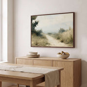 Framed vintage John 14:6 landscape canvas wall art hanging above a light wood sideboard in a soft organic modern dining room.