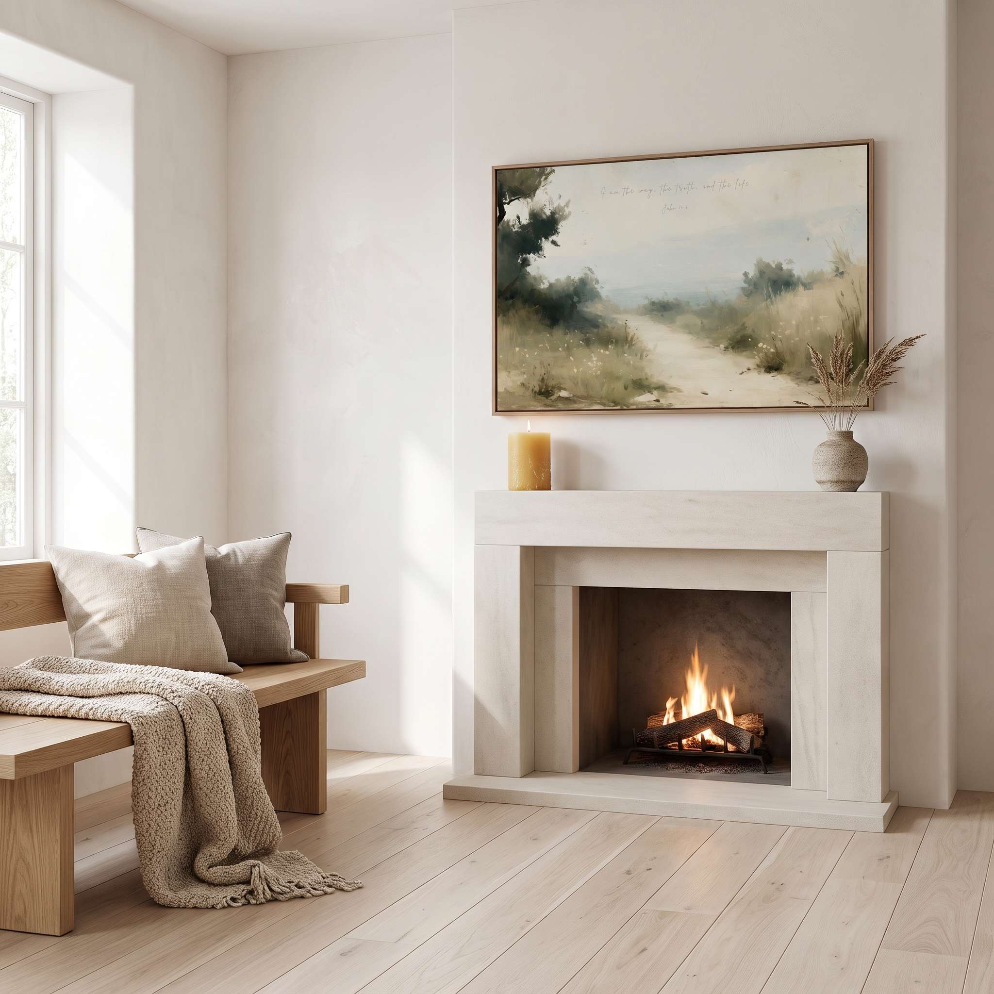 Framed vintage John 14:6 landscape canvas wall art hanging above a modern stone fireplace mantel with a wooden bench and pillows in a soft organic modern living room.
