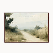 Vintage John 14:6 landscape framed canvas wall art featuring a winding dirt path through countryside fields, handwritten scripture script, and a espresso wood frame.