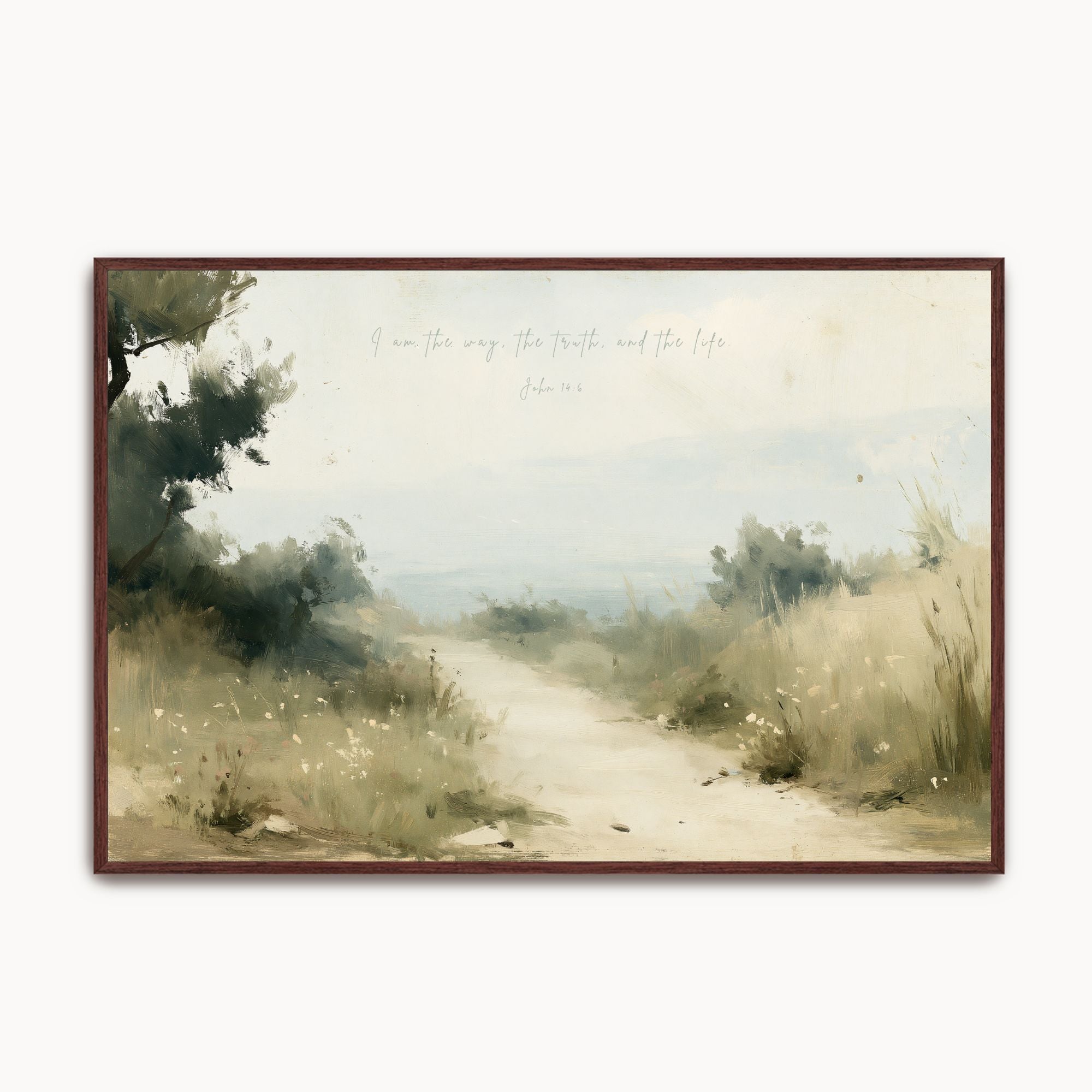 Vintage John 14:6 landscape framed canvas wall art featuring a winding dirt path through countryside fields, handwritten scripture script, and a espresso wood frame.