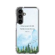 I Lift Up My Eyes Christian Samsung Galaxy S24 phone case with mountain landscape and blue watercolor sky design featuring Psalm 121:1-2 Bible verse on clear protective case