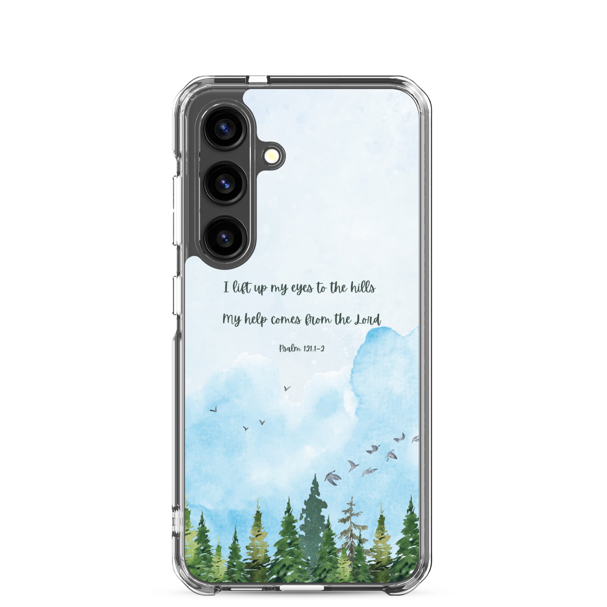 I Lift Up My Eyes Christian Samsung Galaxy S24 phone case with mountain landscape and blue watercolor sky design featuring Psalm 121:1-2 Bible verse on clear protective case