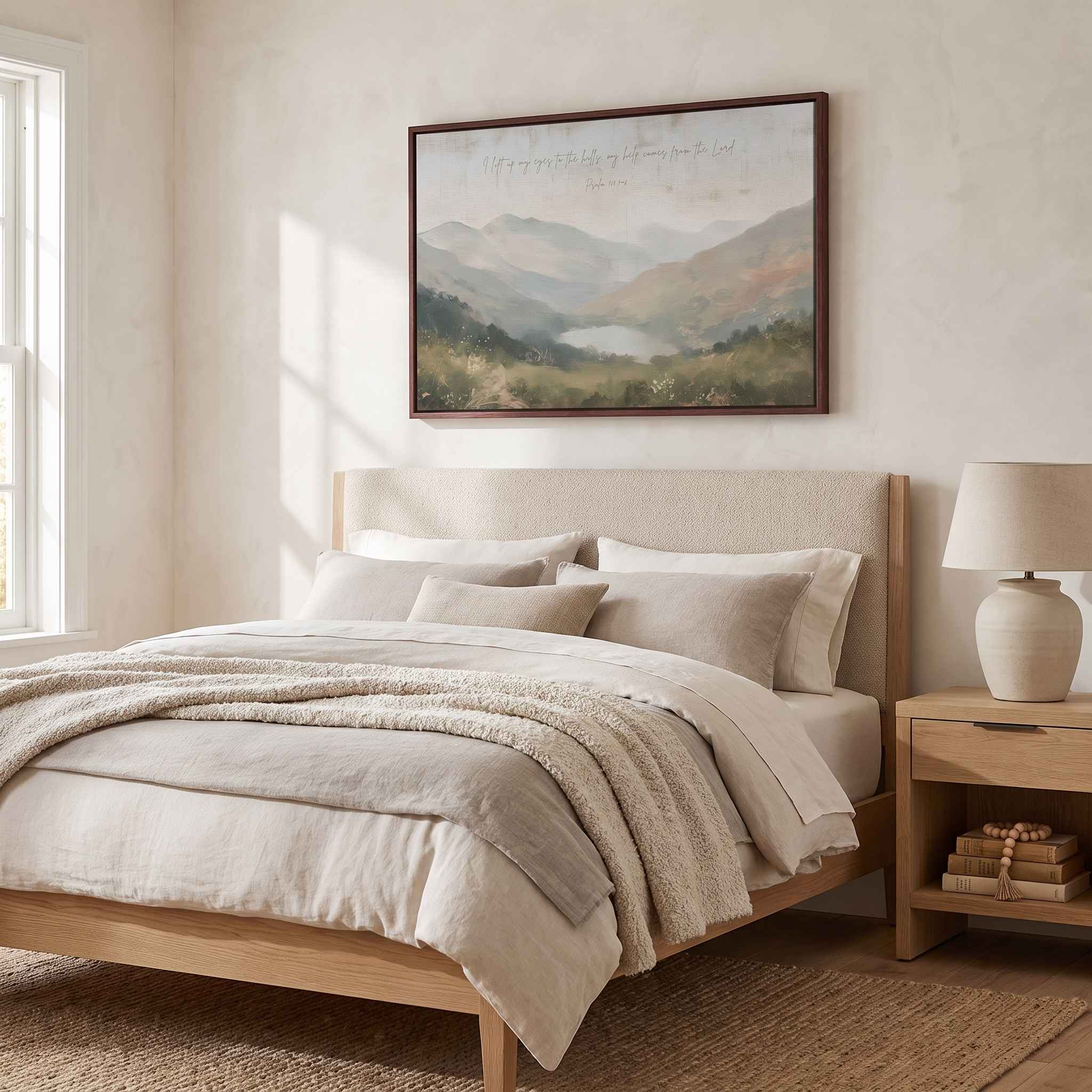 Framed vintage Christian landscape wall art titled I Lift Up My Eyes to the Hills, displaying a peaceful mountain view above a bed in a soft organic modern bedroom.