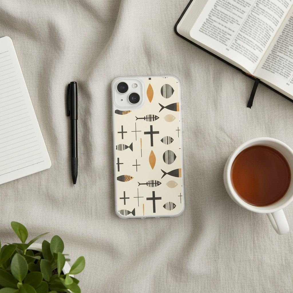 Minimalist Ichthys and Cross pattern MagSafe iPhone case on a flat lay with an open Bible, a cup of tea, and a notebook.
