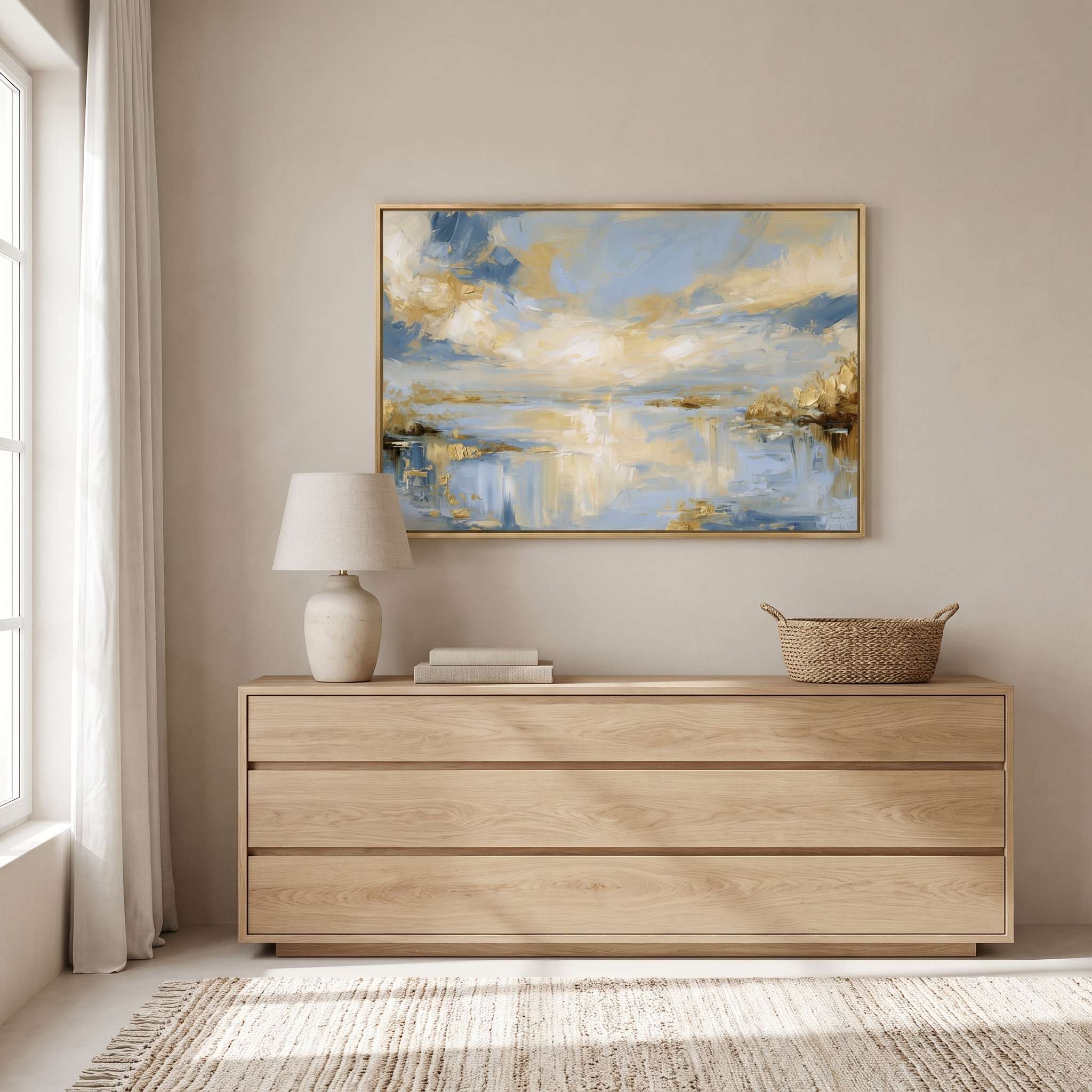 Framed abstract Psalm 36:9 Christian landscape canvas wall art featuring golden light and soft blue water hanging on a light beige wall above a natural wood dresser in a bright modern bedroom.
