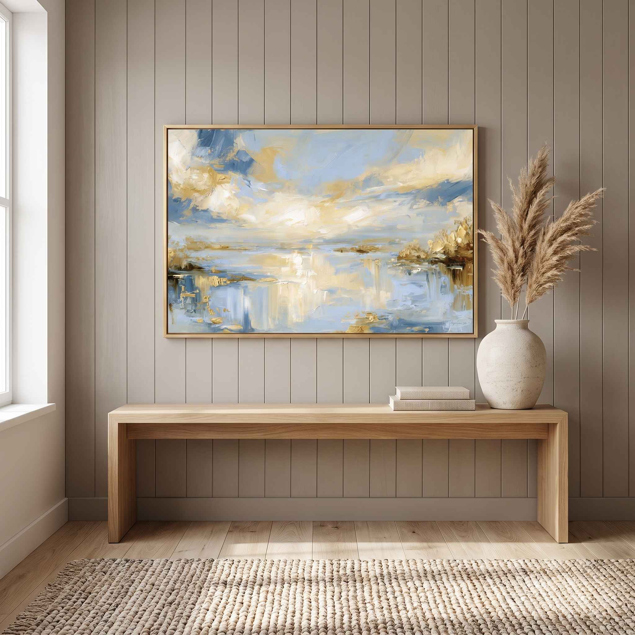 Framed abstract Psalm 36:9 Christian landscape canvas wall art featuring golden light and soft blue water hanging on a light beige wall above a warm beige sofa and wooden coffee table in a modern organic living room.