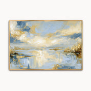Abstract impressionist Psalm 36:9 Christian wall art featuring golden light reflecting over calm waters canvas print in a maple wood frame.