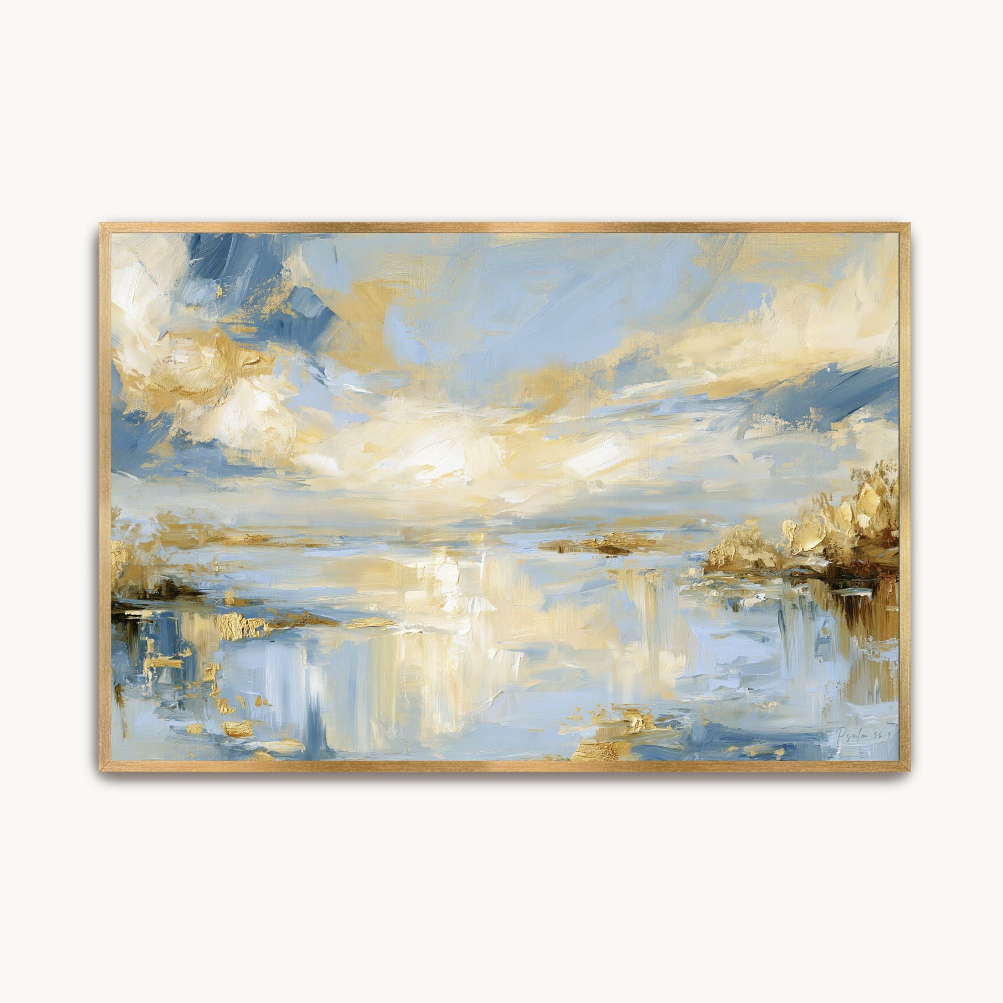 Abstract impressionist Psalm 36:9 Christian wall art featuring golden light reflecting over calm waters canvas print in a maple wood frame.