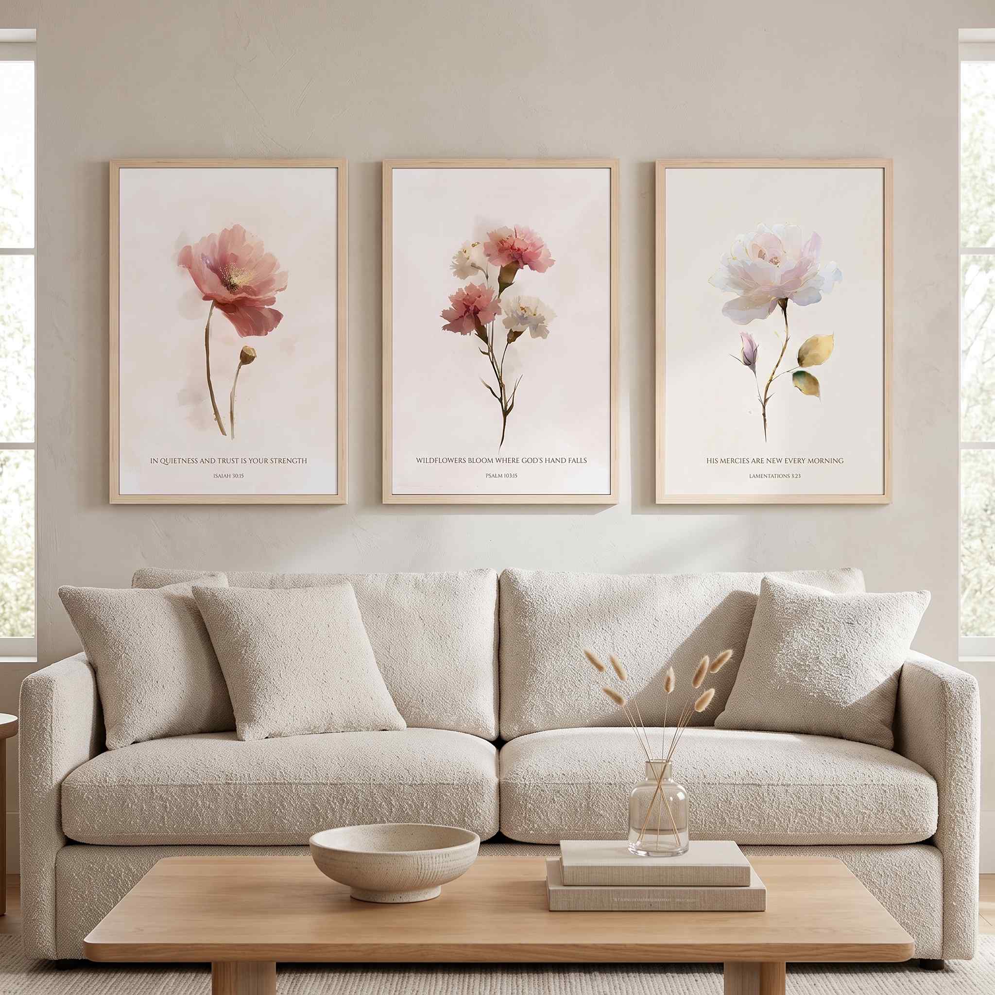 Three framed vintage Christian floral wall art prints featuring Isaiah 30:15, Psalm 103:5, and Lamentations 3:23 Scripture verses with watercolor flowers, displayed as a 3-piece triptych above a cream sofa in a soft organic modern living room.