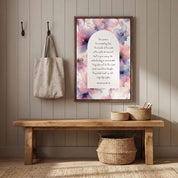 Framed vintage Christian floral wall art titled Isaiah 40:28–31 featuring "Those who hope in the Lord" with watercolor botanical artwork, displayed in a dark wood frame on a vertical wood-paneled wall above a rustic bench in an entryway.