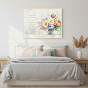 Isaiah 41:10 Fear Not Christian wall art with watercolor peonies above a bed in a bright neutral bedroom with soft blush and sage accents.