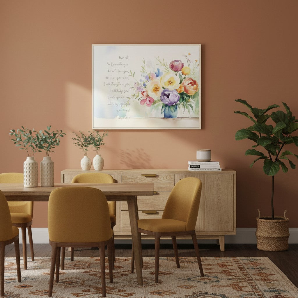 Isaiah 41:10 Fear Not peony Christian wall art in a warm terracotta dining room above a wood sideboard, with mustard dining chairs and a leafy plant.
