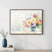 Isaiah 41:10 Fear Not peony wall art in a dark wood frame, showing colorful watercolor flowers and scripture above books and a blue vase.