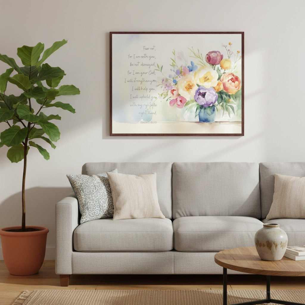 Isaiah 41:10 Fear Not Christian wall art with watercolor peonies displayed above a neutral living room sofa beside a leafy potted plant.