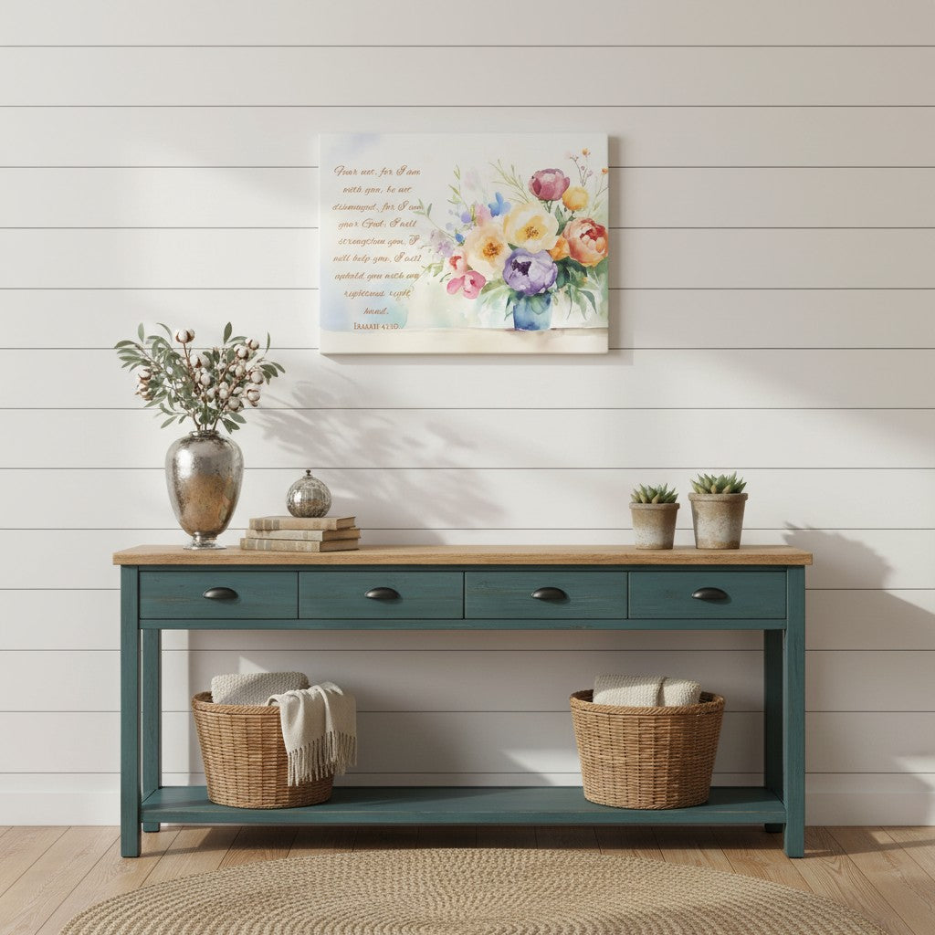 Christian wall art canvas featuring Isaiah 41:10 Bible verse with watercolor bouquet, styled above a teal console table in a bright entryway.