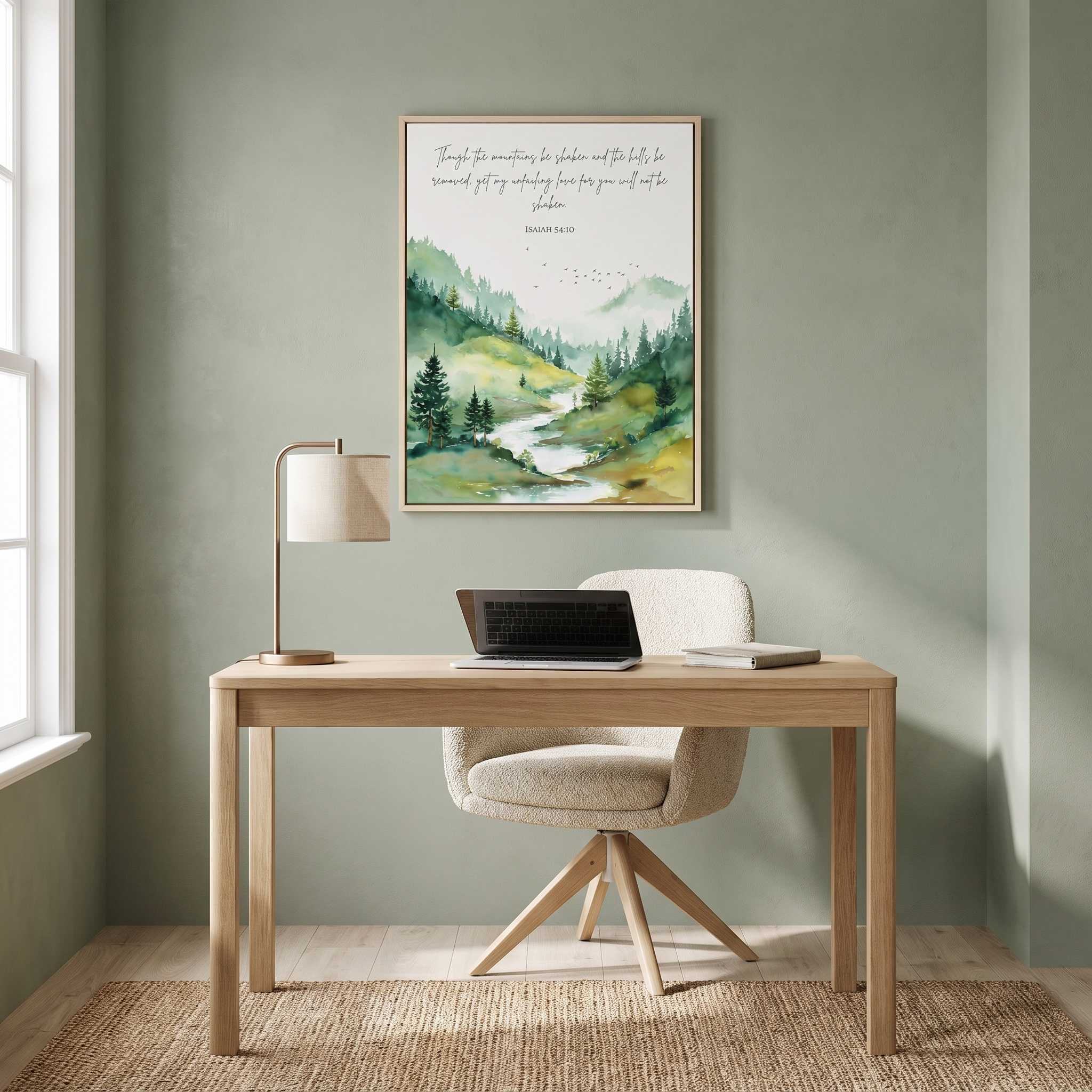 Framed vintage Christian forest landscape wall art titled Isaiah 54:10 featuring evergreen trees, a winding river, and mountains, displayed on a sage green wall above a light wooden desk in a modern home office.