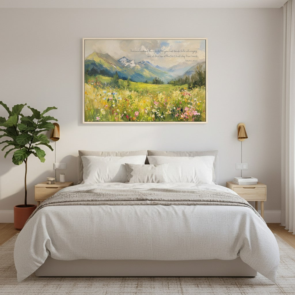 “Hills Break Forth into Singing” landscape wall art displayed above bed, bringing peace and praise-inspired beauty to home decor.