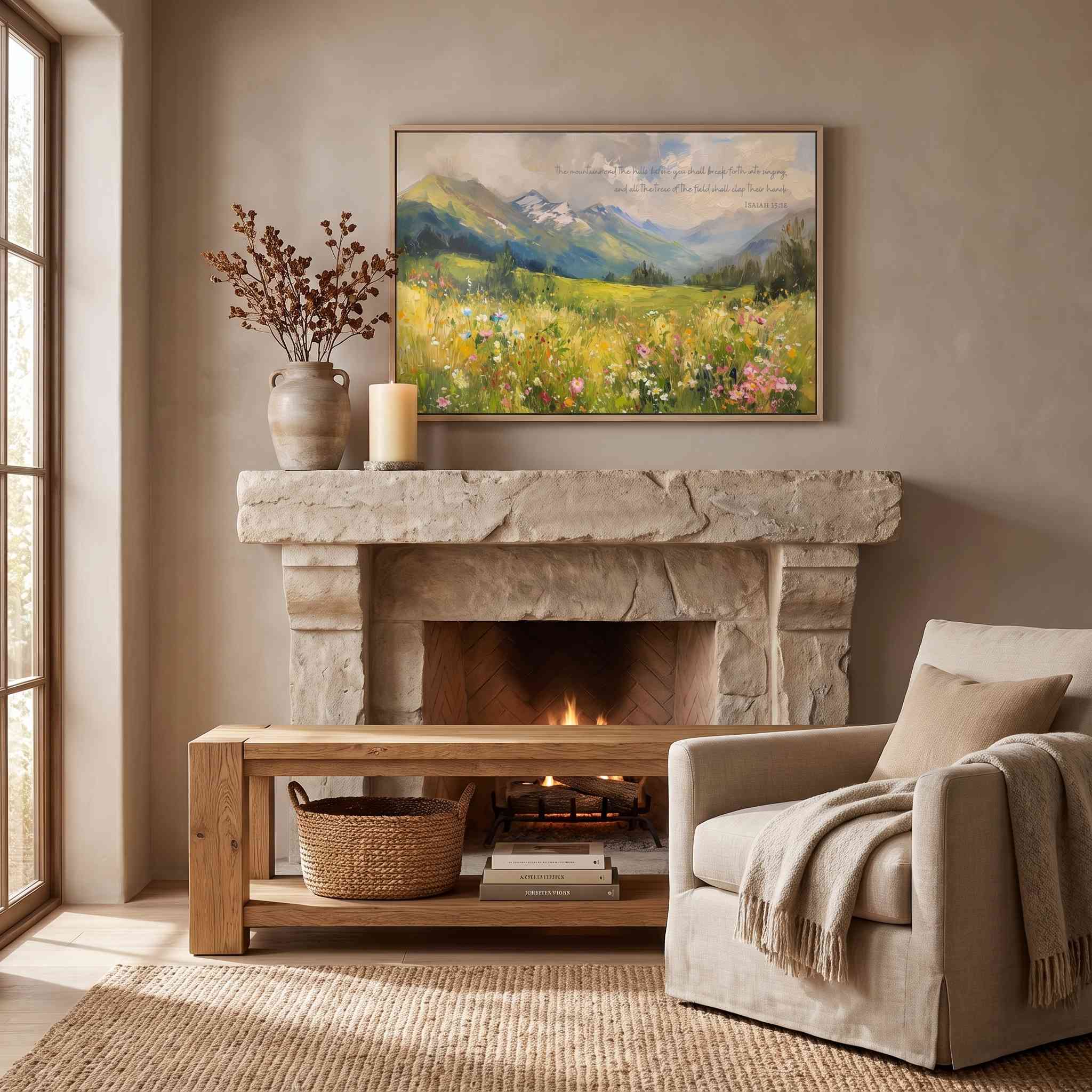Isaiah 55:12 Christian mountain wall art with a colorful wildflower meadow, displayed above a stone fireplace in a cozy living room.