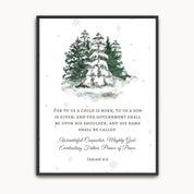 Our Savior Is Born Isaiah 9:6 Christian Christmas wall art, featuring a watercolor of snow-covered pine trees and the Bible verse on a white background.