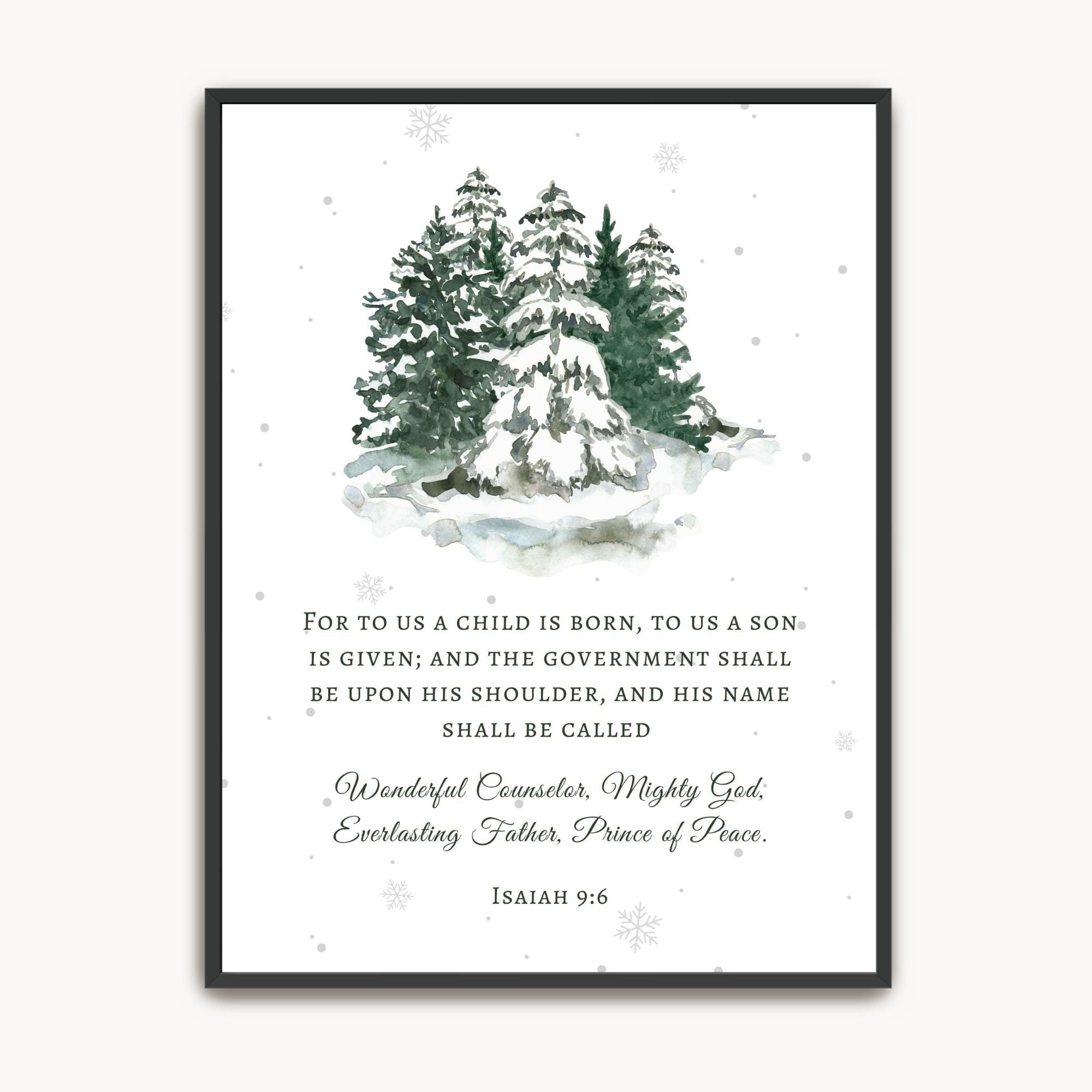 Our Savior Is Born Isaiah 9:6 Christian Christmas wall art, featuring a watercolor of snow-covered pine trees and the Bible verse on a white background.