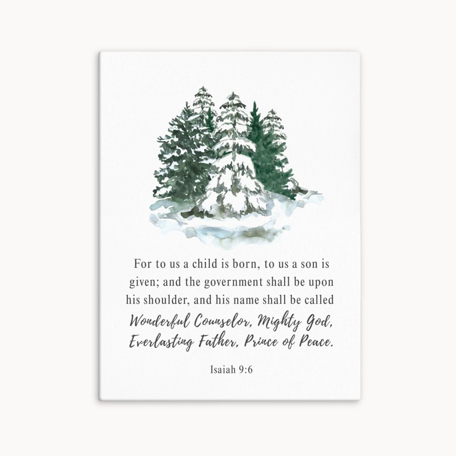 Canvas wall art featuring Isaiah 9:6 with snowy pine watercolor illustration and titles of Jesus like Prince of Peace and Mighty God.