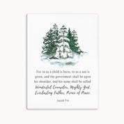 Canvas wall art featuring Isaiah 9:6 with snowy pine watercolor illustration and titles of Jesus like Prince of Peace and Mighty God.