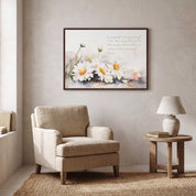 James 1:17 white daisy Scripture wall art above a beige armchair in a cozy living room, with a wood side table and warm neutral decor.