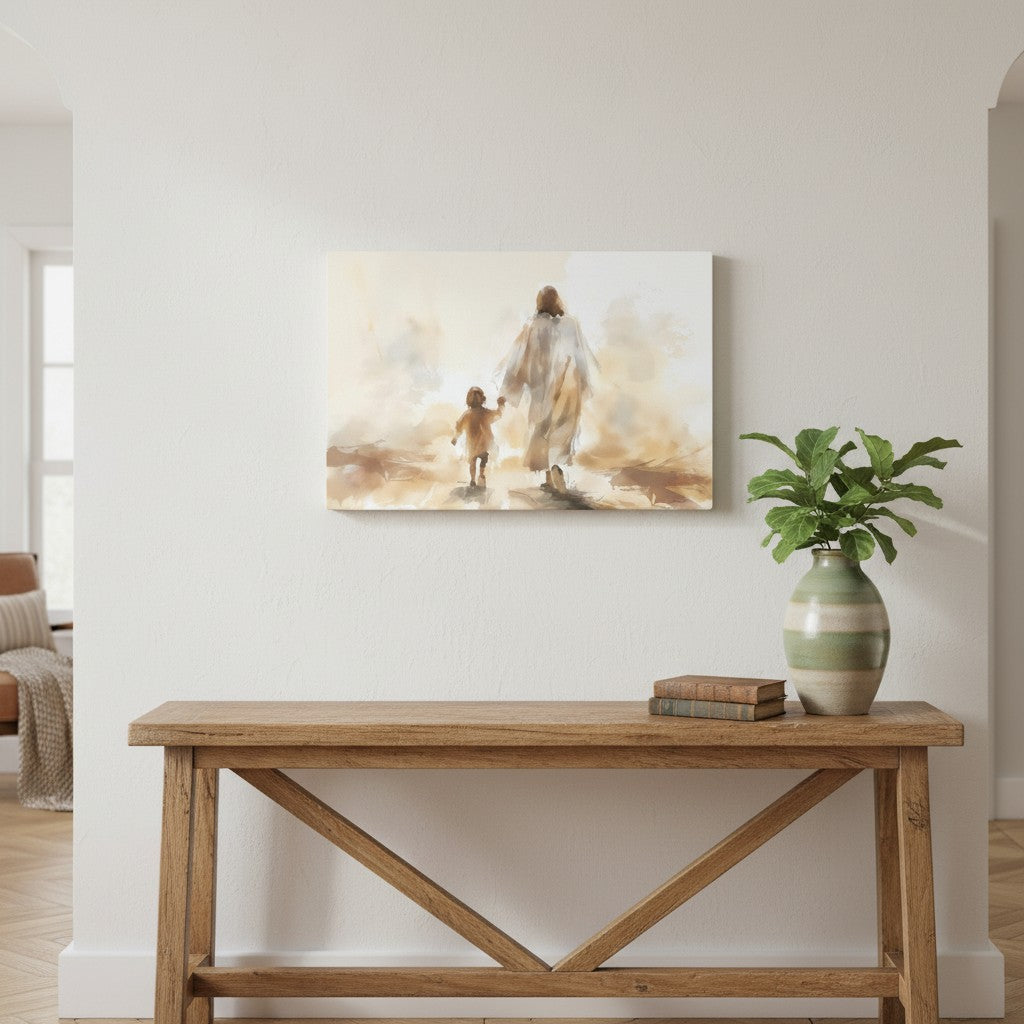Inspirational Christian wall art of Jesus and a child walking together, displayed in a bright hallway above a rustic wooden console table.