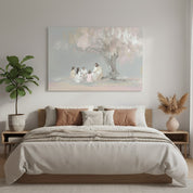 Christian wall art of Jesus with children under a tree, styled above a bed for a calm, faith-filled atmosphere.