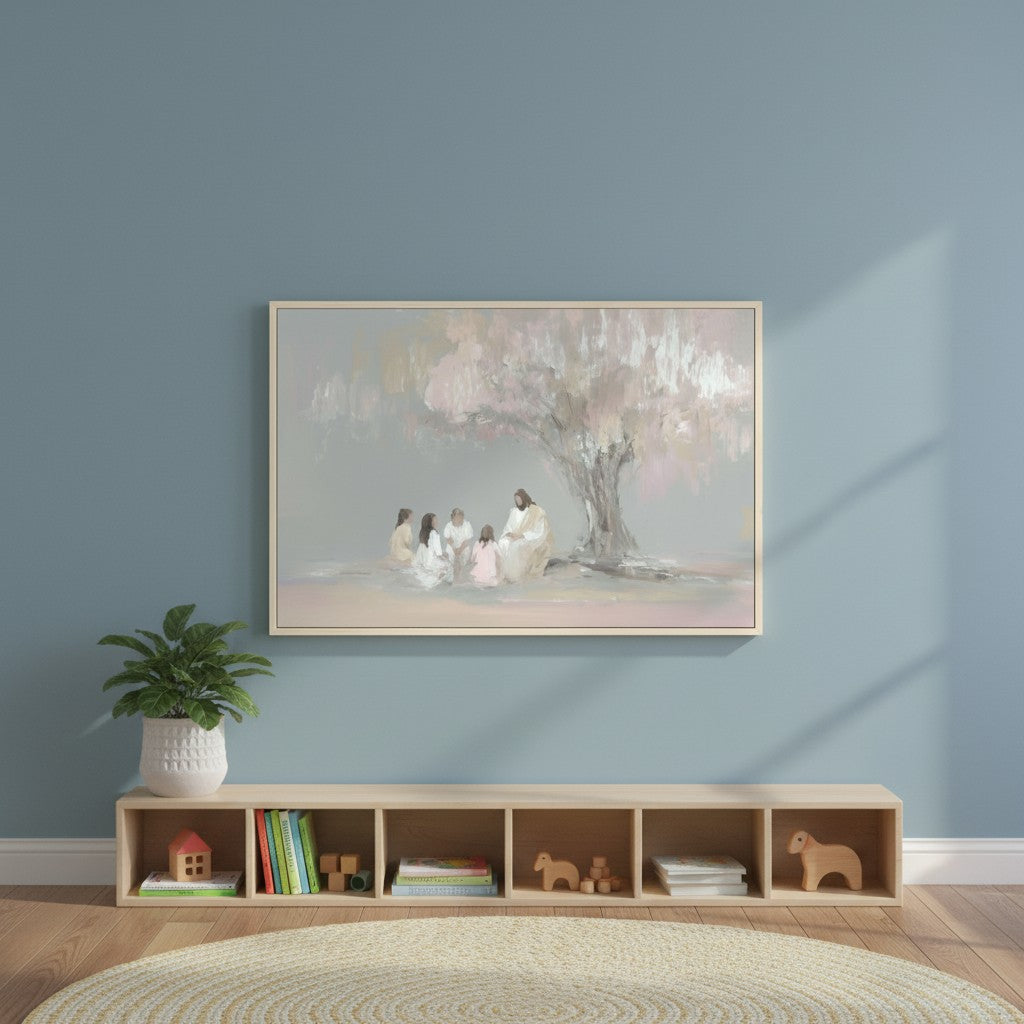 Jesus with children under a tree wall art displayed on a soft blue wall, symbolizing peace, love, and grace.