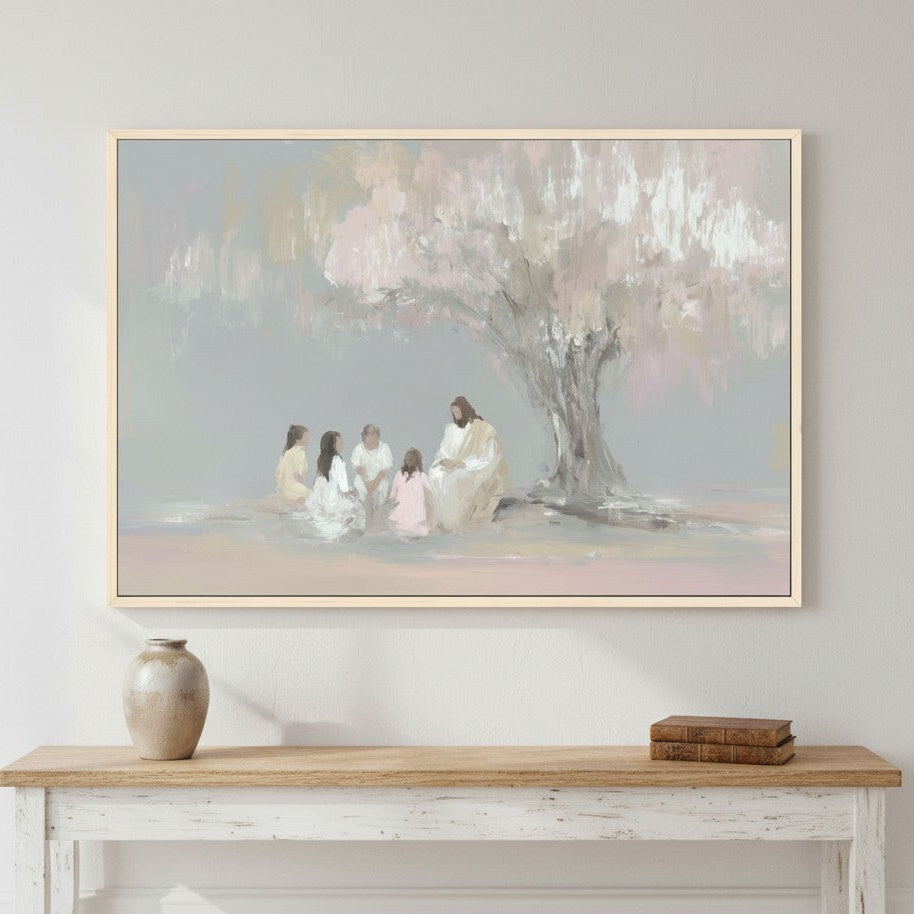 Jesus and children under the tree Christian wall art showing Christ surrounded by children beneath a peaceful tree in soft pastel tones.