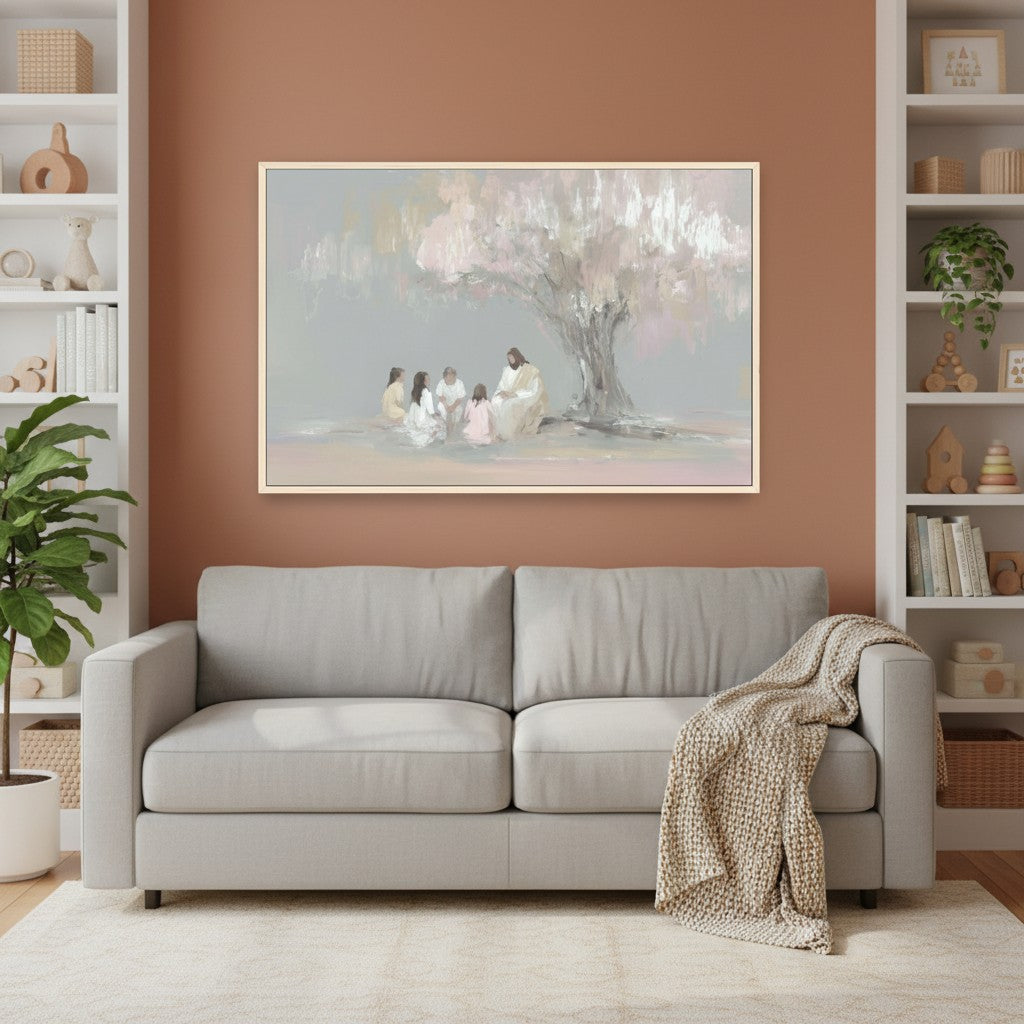 Framed Christian wall art of Jesus teaching children under a tree, styled in a cozy living room with warm earthy tones.