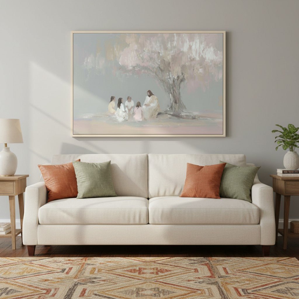 Watercolor wall art of Jesus with children under a tree, bringing warmth and faith to a beige-toned living room.