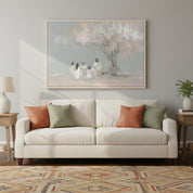 Watercolor wall art of Jesus with children under a tree, bringing warmth and faith to a beige-toned living room.