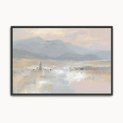 Framed artwork of a shepherd on a misty coast with mountains in the background.