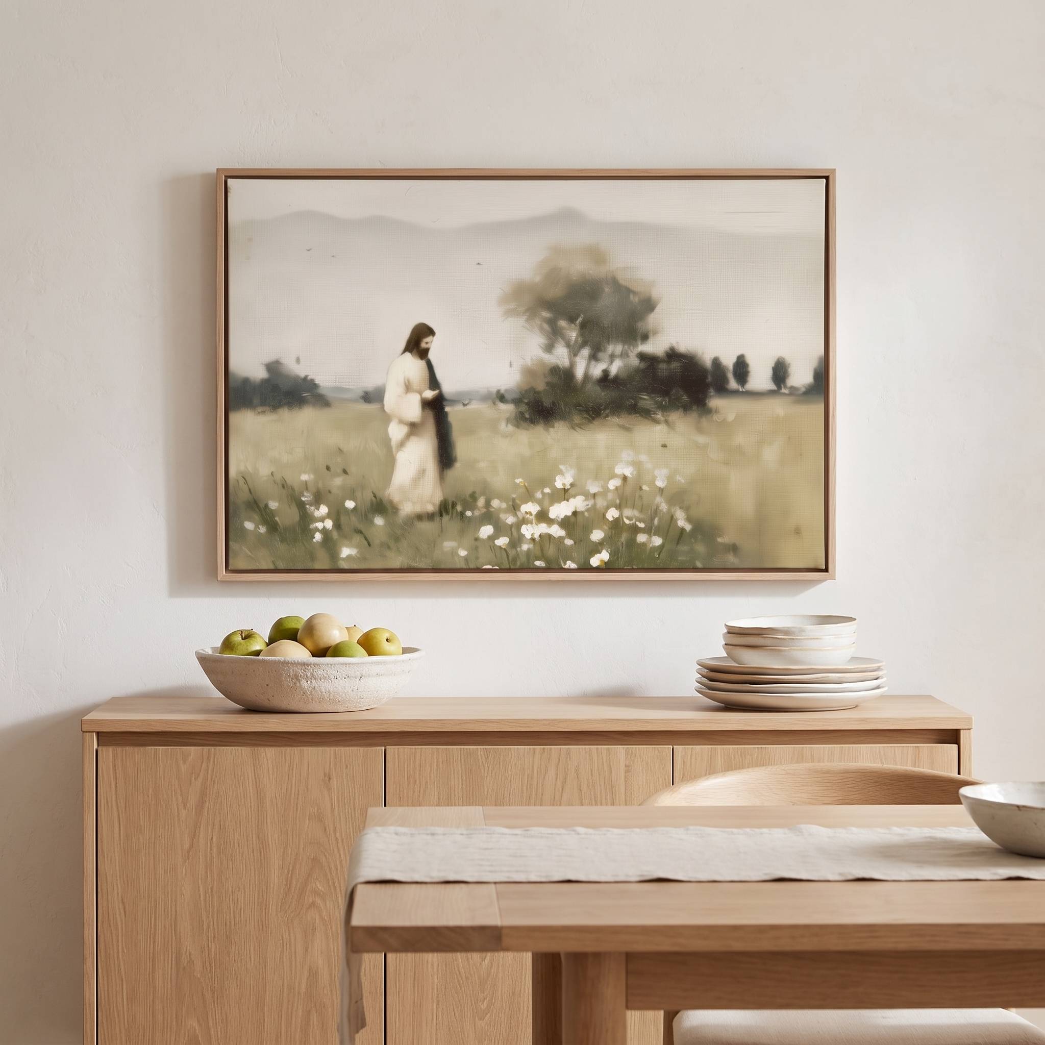 A framed landscape art print depicting Jesus walking in a field, displayed on a light wood sideboard in a minimalist dining room setting.