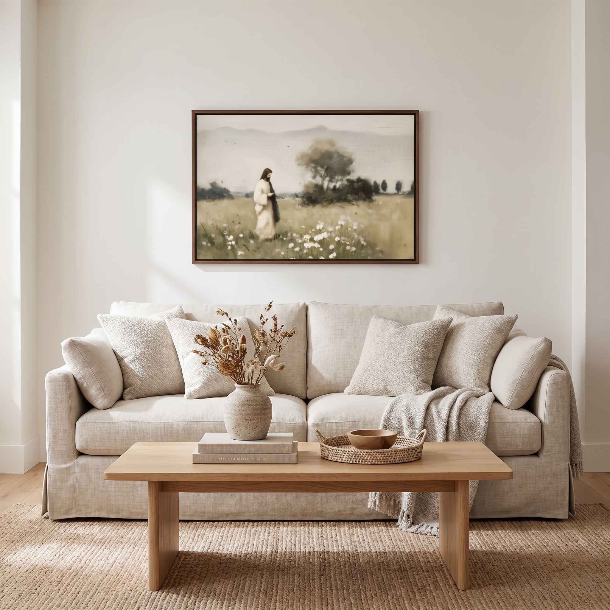 A framed landscape art print hangs on a light beige wall above a cream-colored sofa in a styled living room setting. The print depicts a woman standing in a field of white flowers under a tree.