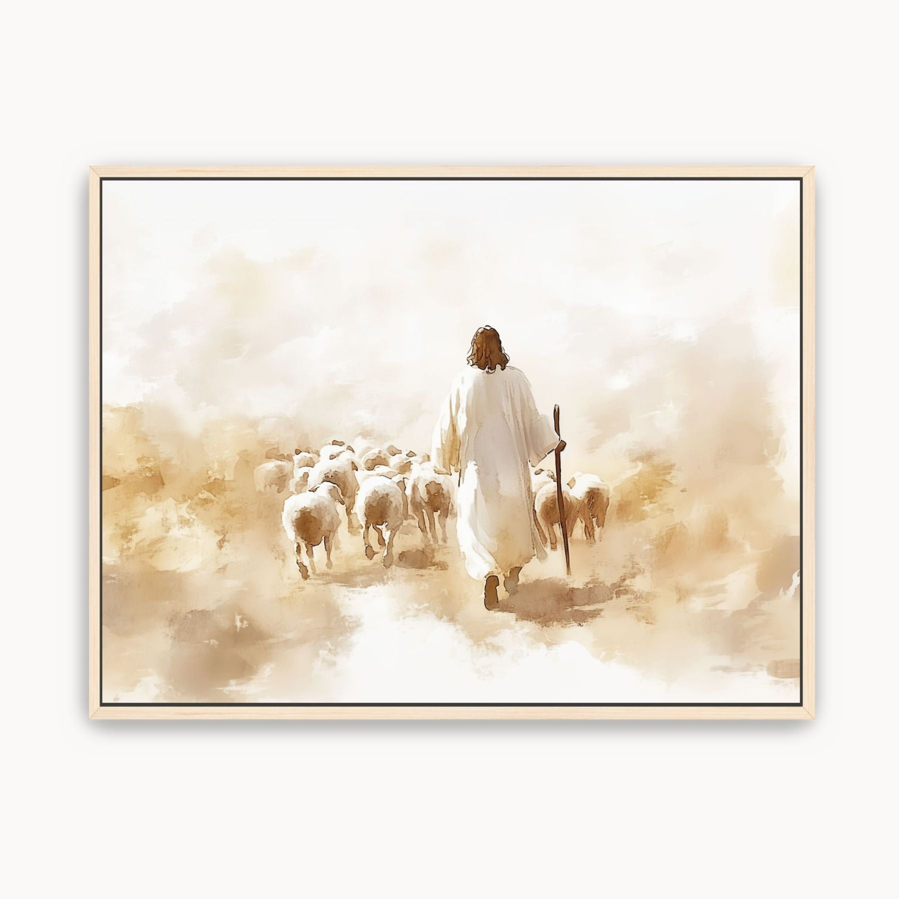 Watercolor Christian wall art of Jesus as the Good Shepherd walking with sheep in soft neutral tones