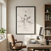 Minimalist Jesus Baptism line art sketch in a black frame, styled on a wooden console table in a bright, neutral office.