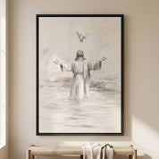 Minimalist Jesus Baptism line art sketch in a black frame, styled on a neutral wall above a woven bench in a modern entryway.