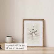 Minimalist Jesus Baptism line art sketch styled as a fine art print in a light wood frame on a table with a white ceramic mug.