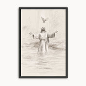 Minimalist line art sketch of Jesus being baptized in the Jordan River with a dove overhead, modern Christian wall decor in a black frame.