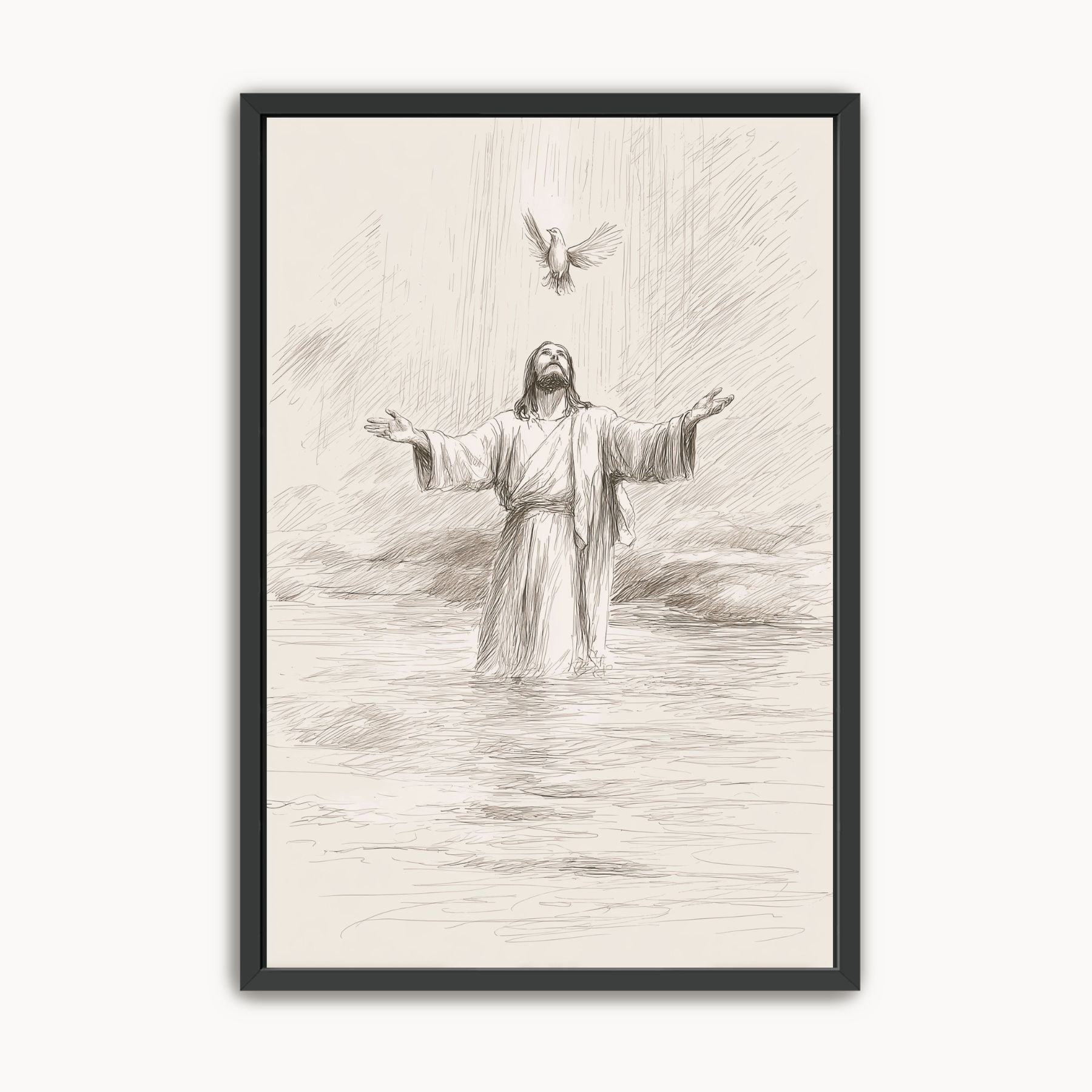 Minimalist line art sketch of Jesus being baptized in the Jordan River with a dove overhead, modern Christian wall decor in a black frame.