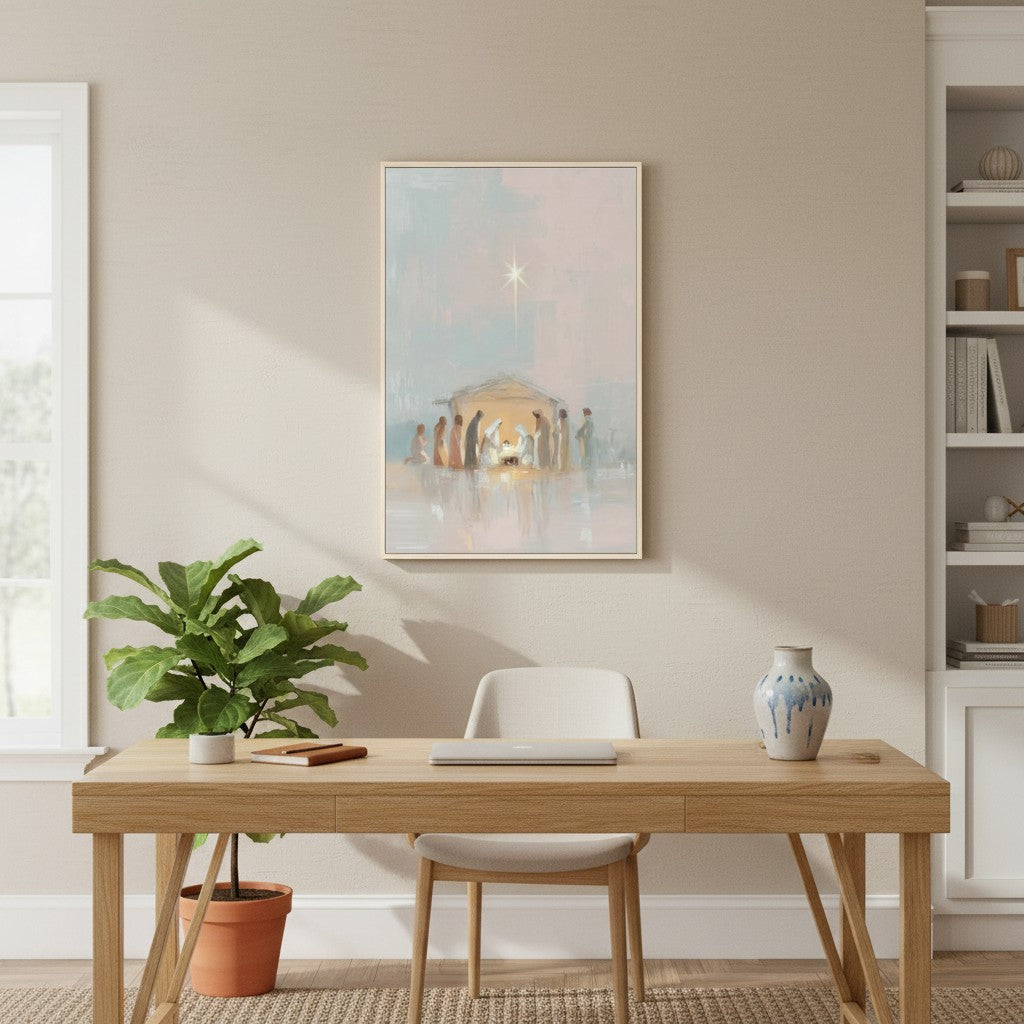 Framed Christian Christmas wall art of the Nativity Scene hung above a console table with soft sunlight and festive decor.