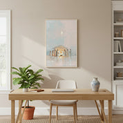 Framed Christian Christmas wall art of the Nativity Scene hung above a console table with soft sunlight and festive decor.