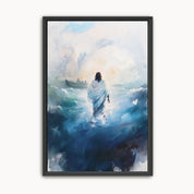 Watercolor Christian wall art of Jesus calming the storm in dramatic blue tones