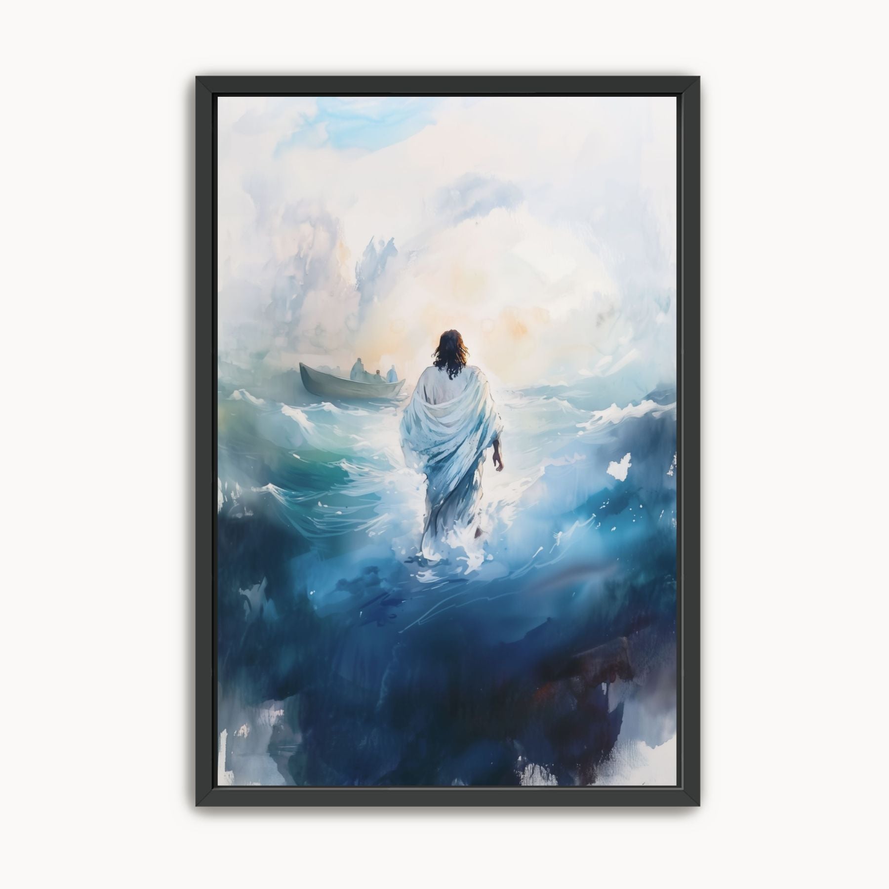 Watercolor Christian wall art of Jesus calming the storm in dramatic blue tones
