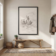 Minimalist Jesus Calming the Storm line art sketch in a black frame, styled on a neutral wall above a rustic wooden bench in a modern home entryway.
