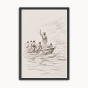 Minimalist line art sketch of Jesus calming the storm on a boat with His disciples, modern Christian wall decor in a black frame.