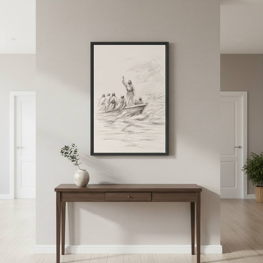 Minimalist Jesus Calming the Storm line art sketch in a black frame, styled on a neutral wall above a dark wood console table in a bright modern hallway.